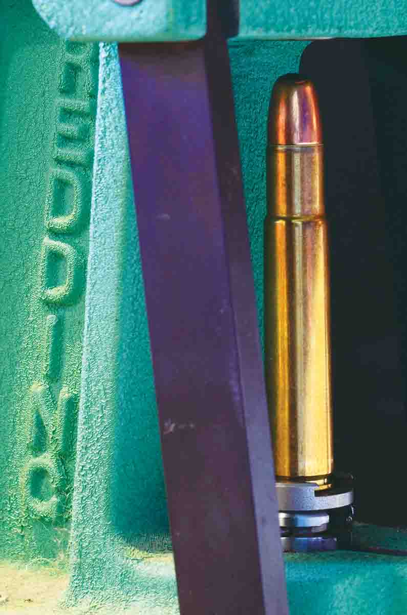 Both the .505 Gibbs (shown) and the .500 Jeffery require dies with 1”-14 threads instead of the standard ⅞7⁄8”-14 threads. In turn, these require a large press like the Redding Ultramag, which will accommodate both the large dies and the long case.